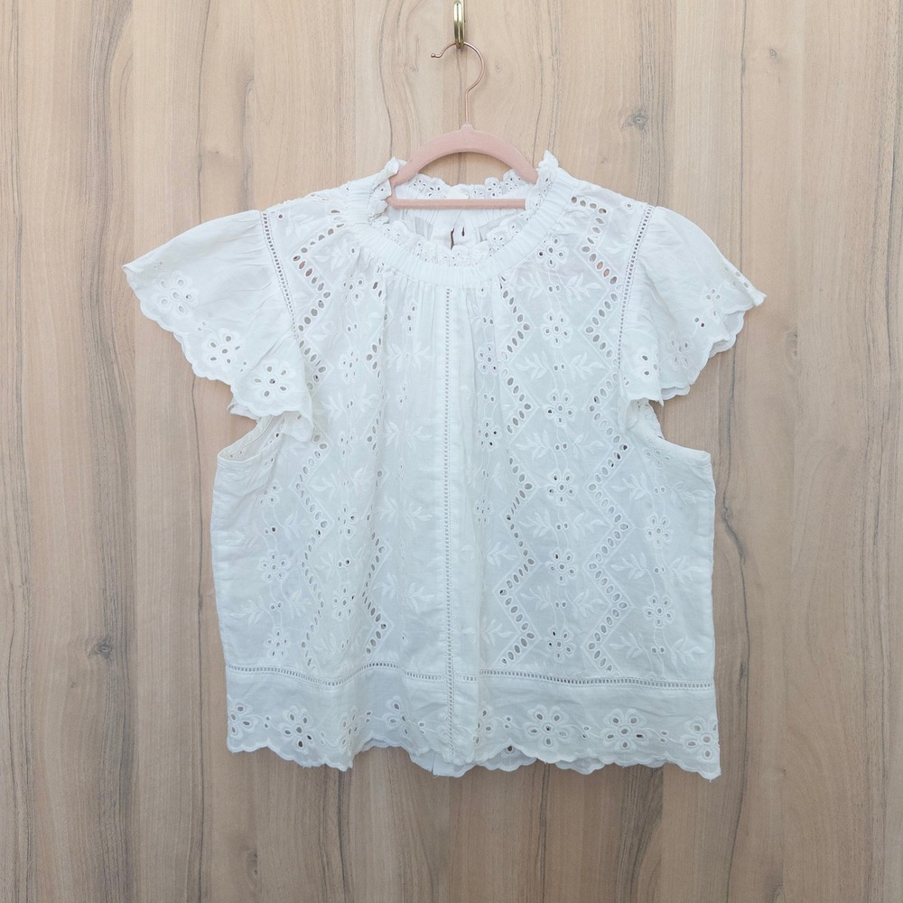 Jennifer & Grace Womens Eyelet Top L White Flutter Sleeve Romantic Feminine Boho